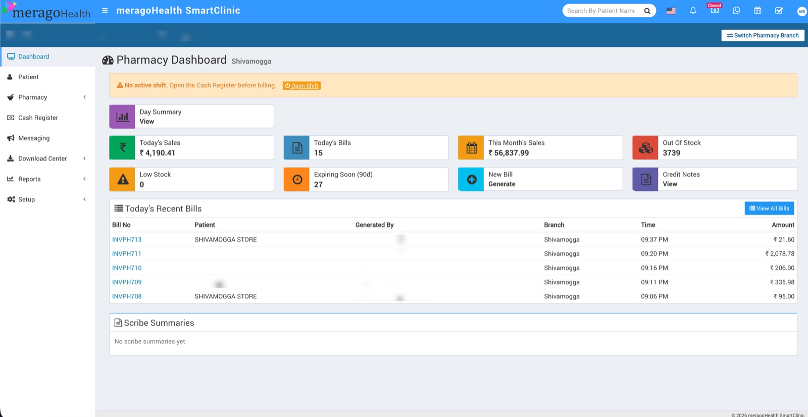 Multi-branch pharmacy billing dashboard